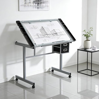 Magshion Professional Drafting Table for Adults Teens, Tilting Glass Tabletop Art Craft Desk Diamond Watercolor Paintings Sketching Work Station for Home Office Reading, Writing, Crafting (Clear)