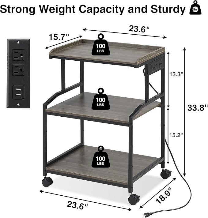 Lauren&Harold 34'' Printer Stand with Power Outlets & USB Ports, 3-Tier Adjustable Rolling Cart, Heavy Duty 150LBS Storage Table with Wheels for Office, Kitchen, Living Room, Grey/Black