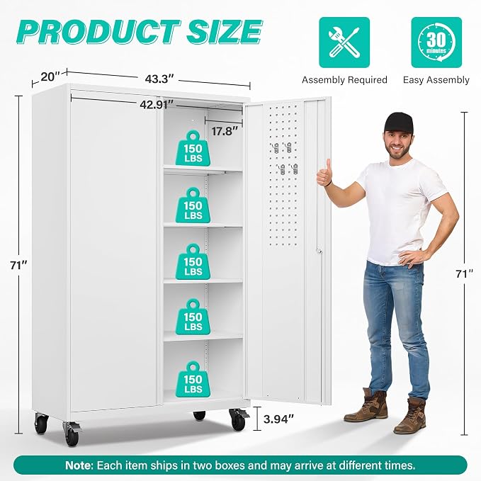 SISESOL Wide & Deep Metal Storage Cabinet with Wheels,Tall Rolling Garage Storage Cabinet with Lock,White Metal Cabinets with Pegboards and Shelves,Tool Locker for Garage,Home,Office,43''Wx 20''Dx71"H