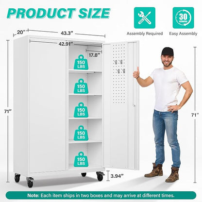 SISESOL Wide & Deep Metal Storage Cabinet with Wheels,Tall Rolling Garage Storage Cabinet with Lock,White Metal Cabinets with Pegboards and Shelves,Tool Locker for Garage,Home,Office,43''Wx 20''Dx71"H