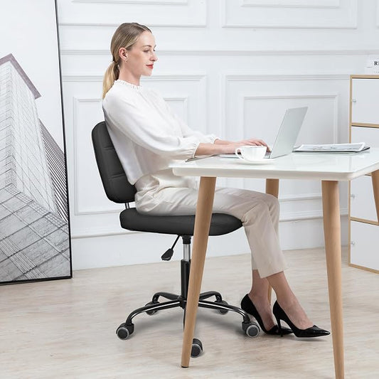 ERGOSEAT Armless Office Chair with Wheels, Small Desk Drafting Chair for Small Space, PU Leather Computer Task Chair, Height Adjustable Rolling Chair, Compact Chair for Home Office, Dorm, Vanity,Black