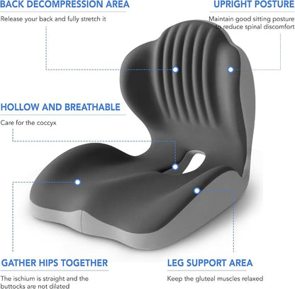Ergonomic Waist Support and Seat Cushion, 2-in-1 Memory Foam Pad, Hollow Design for Coccyx, Suitable for Office Chairs, Car Safety Seats and Household Use - Relieves Lower Back and Hip Pain (Grey)
