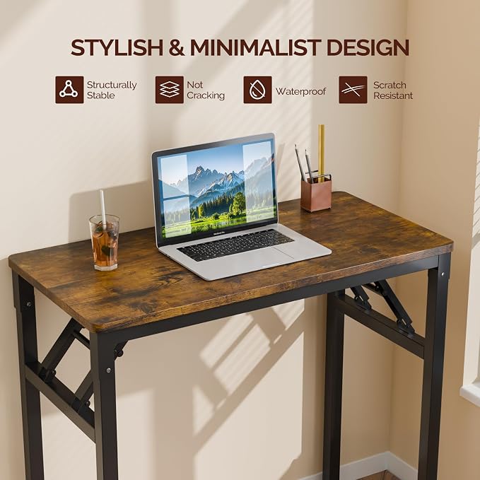 VINGLI Small Computer Desk No Assembly Required, Folding Desk as Writing Table, Dining Table and Workbench, Foldable Desk for Small Space & Home Office, 31.5 Inch, Brown & Black Frame