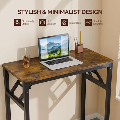VINGLI Small Computer Desk No Assembly Required, Folding Desk as Writing Table, Dining Table and Workbench, Foldable Desk for Small Space & Home Office, 31.5 Inch, Brown & Black Frame