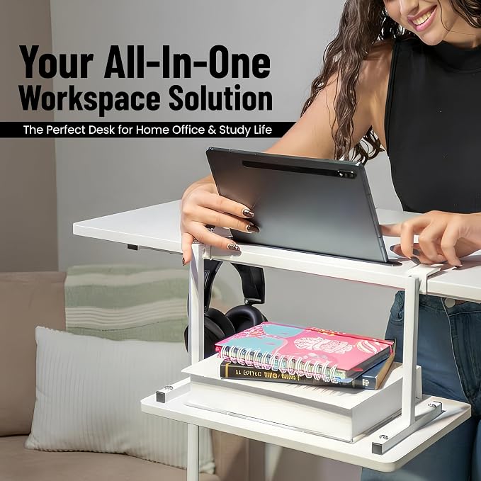 Small Rolling Desk with Wheels, Adjustable Height 27"-43.3" Portable Standing Desk, 31.5"x15.7" Tabletop, Mobile Laptop Computer Table for Home Office Workstation, White