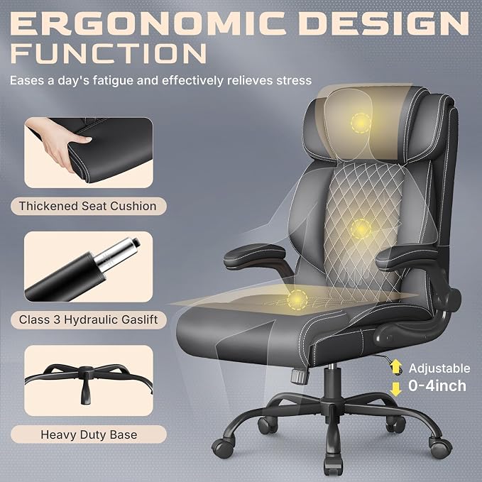 Office Chair-Executive High Back Breathable Big and Tall Office Chair Flip-up Armrests Lumbar Support-Ergonomic Leather Rolling Swivel Chair with Rock Function for Working Studying Gaming,2 Pack
