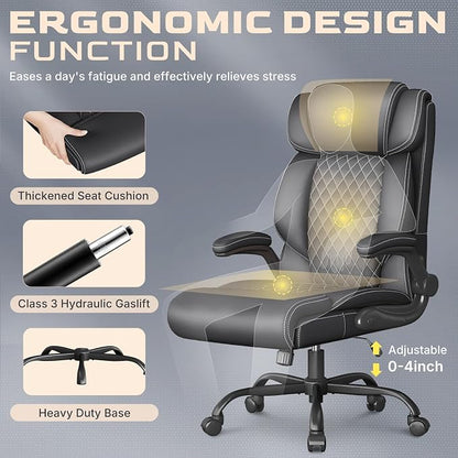 Office Chair-Executive High Back Breathable Big and Tall Office Chair Flip-up Armrests Lumbar Support-Ergonomic Leather Rolling Swivel Chair with Rock Function for Working Studying Gaming,4 Pack
