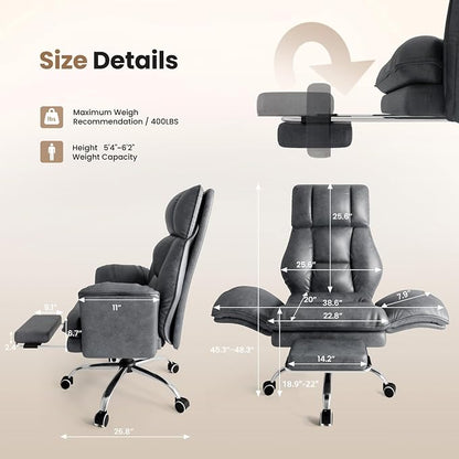 Big and Tall Office Chair, Flip Armrests for Pets & Cross Legged Sitting, Executive Ergonomic Computer Gaming Chair with Foot Rest, Teddy Fleece Wide Seat Reclining Desk Chair, White Vanity Chair