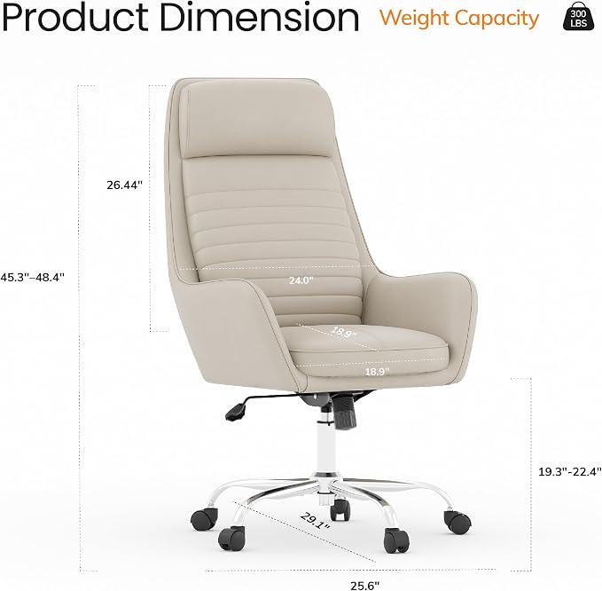 COLAMY Ellis High-Back Home Office Desk Chair, Leather Executive Chair with Integrated Armrests, Khaki