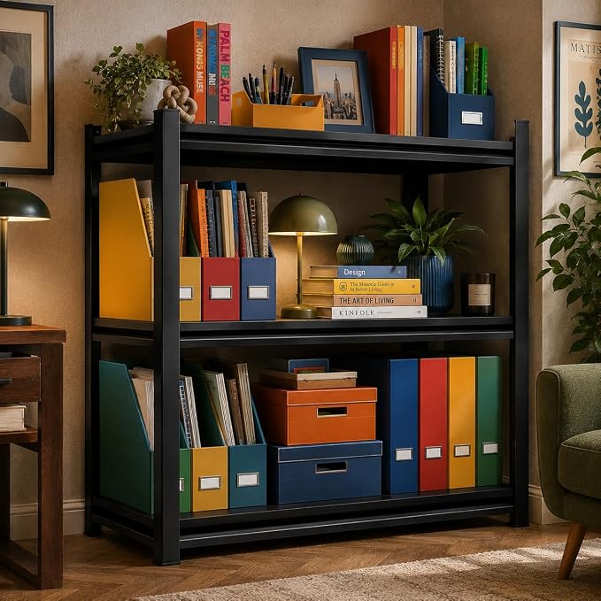3 Tier Metal Bookshelf, Adjustable Tall Bookcase, Heavy Duty 1800 LBS Modern Deep Book Shelf, Bolt-Free Storage Shelves for Living Room, Home Office, Garage, 27.6" Wx 13.8" Dx 31.5" H