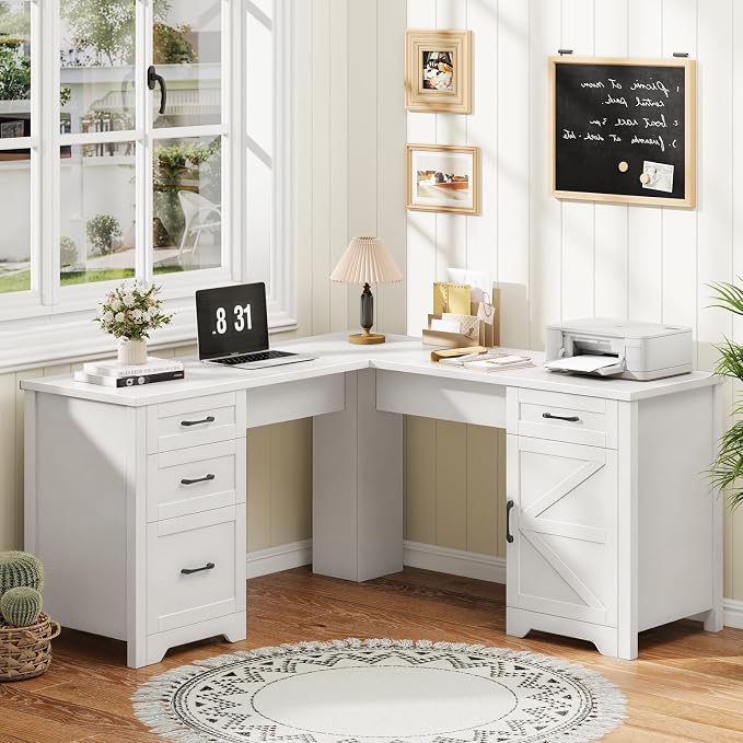 Vabches 59" L Shaped Executive Desk, Farmhouse Home Office Desk with File Drawer,Storage Cabinet, Wood Corner Sturdy Writing Workstation.Cream White