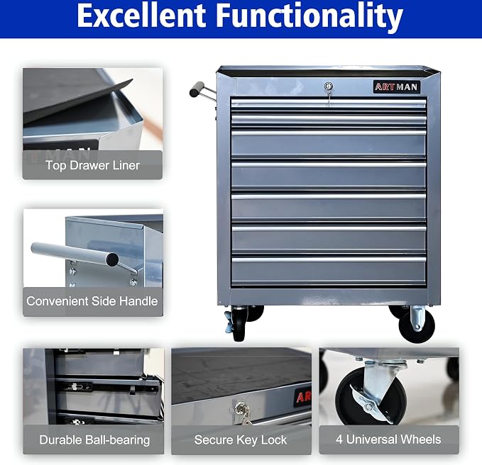 RYH 7 Drawers Rolling Tool Chest & Tool Box on Wheels | Heavy Duty Metal Cart with Ball Bearing Drawers | Fits US General Tool Box for Garage Storage (Silver, 7 Drawers（29.9" H × 24.2" W × 12.9" D)
