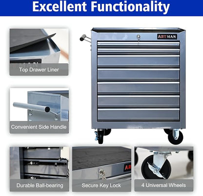 RYH 7 Drawers Rolling Tool Chest & Tool Box on Wheels | Heavy Duty Metal Cart with Ball Bearing Drawers | Fits US General Tool Box for Garage Storage (Silver, 7 Drawers（29.9" H × 24.2" W × 12.9" D)
