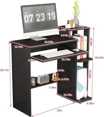 35" Compact Computer Desk with 3-Tier Storage Shelves & Keyboard Tray – Small Study Table for Bedroom or Home Office (Black)