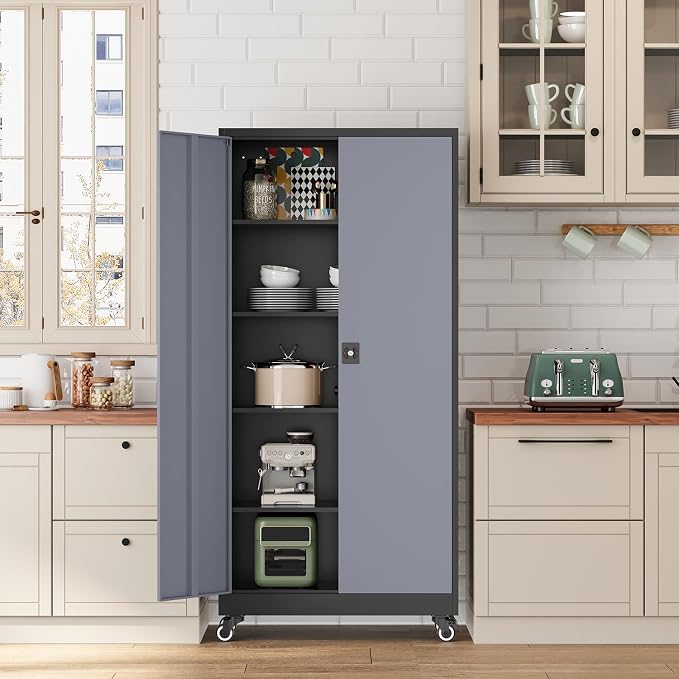 Fesbos Metal Rolling Storage Cabinet-74.6” Tall Steel File Cabinets with Wheels Lockable Doors and Adjustable Shelves-Black & Gray Steel Storage Cabinet for Home, School, Office, Garage