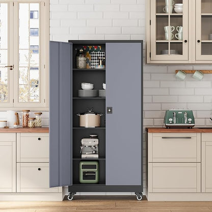 Fesbos Metal Rolling Storage Cabinet-74.6” Tall Steel File Cabinets with Wheels Lockable Doors and Adjustable Shelves-Black & Gray Steel Storage Cabinet for Home, School, Office, Garage