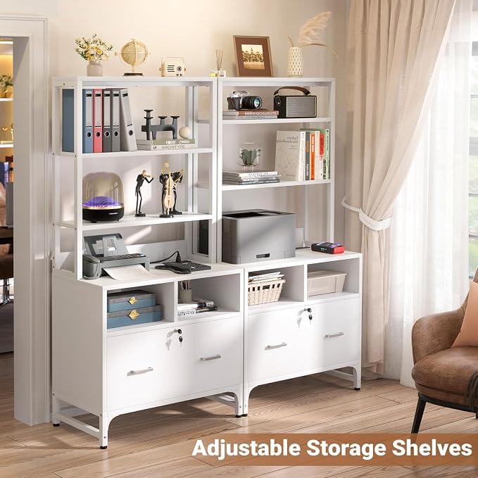 Homieasy Vertical File Cabinet with Charging Station, Lock & Large Drawer, Printer Stand with Storage Shelves, Office Storage Cabinet fits Letter/A4/Legal Size, White