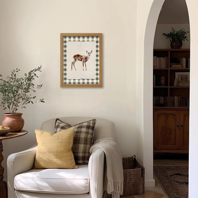 CXQILVER Vintage Framed Deer Wall Art Canvas Painting, Woodland Fawn Prints Wall Decor, Green Gingham Rustic Farmhouse Animal Artwork Pictures for Living Room Bedroom Bathroom Nursery Decor 12x16 Inch