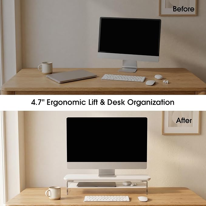 Fenge Acrylic Monitor Stand Riser, 23.6 Inches Monitor Stand with Metal Storage, 2 Tier Acrylic Computer Riser for Desk, Clear Laptop Stand for PC, Laptop, Printer, TV, White