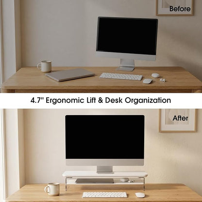 Fenge Acrylic Monitor Stand Riser, 23.6 Inches Monitor Stand with Metal Storage, 2 Tier Acrylic Computer Riser for Desk, Clear Laptop Stand for PC, Laptop, Printer, TV, White