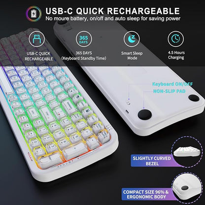 FOPETT Wireless Computer Keyboard with RGB Backlit, Tri-Mode Bluetooth 5.0/USB-C/2.4GHz Gaming Keyboard, Full Size Layout, Ergonomic Curved Design for Windows Mac PC Gamers & Office-White