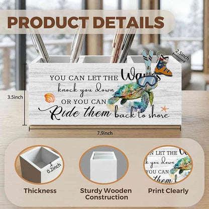 Motivational Sea Turtle Pencil Pen Holder for Desk Organizer, Motivational Gifts, Coastal Beach Sea Turtle Wooden Box Decorations for Home Office Bedroom Desk Tabletop Decor