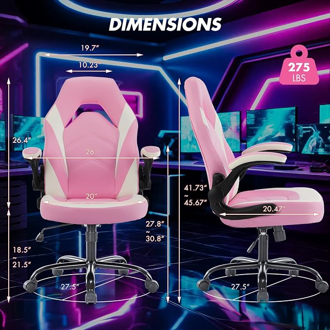 Sweetcrispy Computer Video Game Desk Chair - Ergonomic Comfy Lumbar Support, PU Leather with Flip-up Armrest, Height Adjustable and 360°Swivel, for Adults, White Pink
