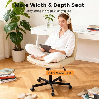 FDW Criss Cross Chair with Wheels Cross Legged Office Desk Modern Swivel Height Adjustable Wide Seat Computer Task Vanity Chair Comfy Fabric Armless Seating for Home Office