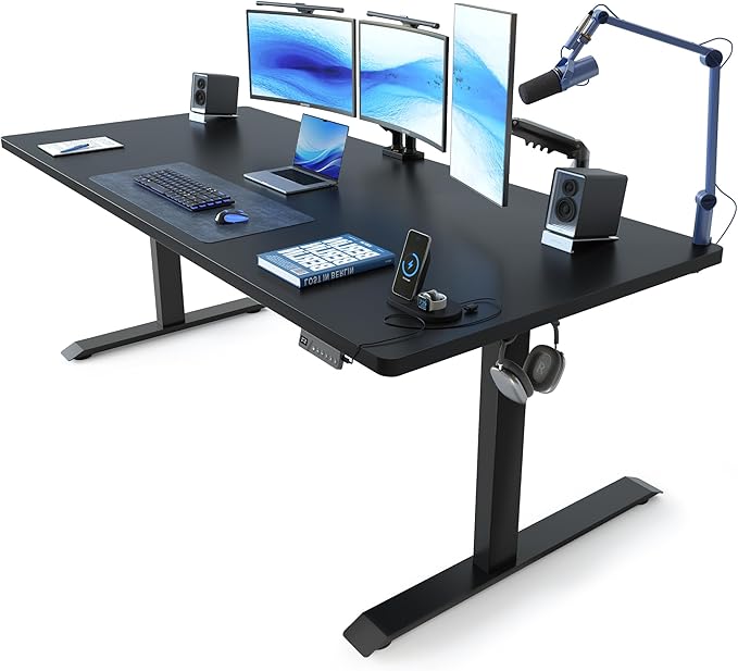 FEZIBO 63 x 37 Inch Standing Desk with Integrated Dual-Beam, Cable Management, 3 Memory Height Adjustable Computer Desk for Home Office Workstation, 1" Thick Large 3-Piece Desktop Black