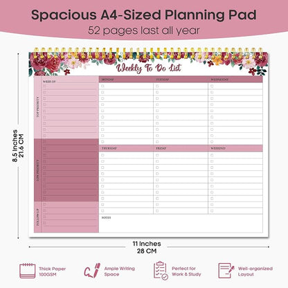Taja Weekly To Do List Notepad with 52 Undated Sheets（8.5"×11"）- Weekly Desk Planner for Women & Man, Work and Home - 1 Pack Crimson Garden