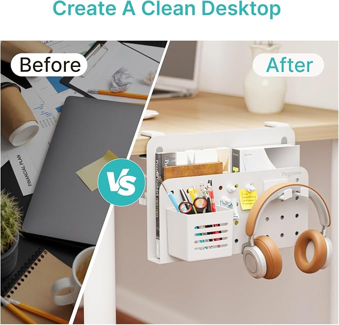 PEGZONE Desk Side Storage Organizer, No Drill Under Desk Laptop Holder, Clamp on Desks Shelf with Pegboard Accessories, Hanging Laptop Mount, Fits Flat Edge 0.4" to 2.2", White