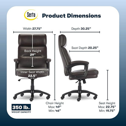 Serta Comfort Executive Big & Tall Office Chair, Ergonomic High-Back Computer DeskChair, Semi Plush Cushion Seat, Soft Padded Armrests, SertaQuality Foam, Metal Swivel Base, Bonded Leather, Brown