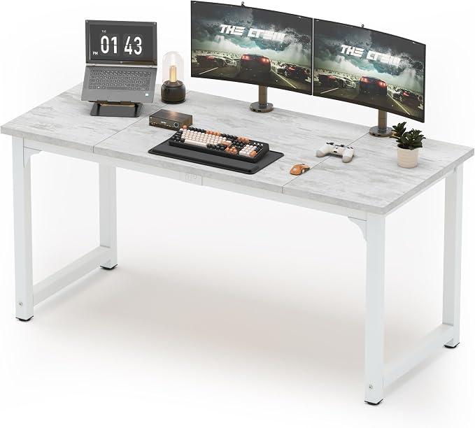 NSdirect 63" Large Computer Desk,Modern Simple Style PC Table Office Desk Wide Workstation for Study Writing,Gaming and Home Office,Extra 1" Thicker Wooden Tabletop and Black Metal Frame,Stone White