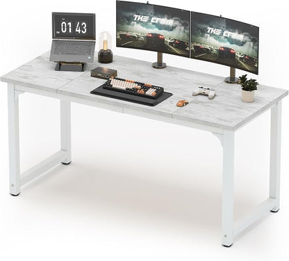 NSdirect 63" Large Computer Desk,Modern Simple Style PC Table Office Desk Wide Workstation for Study Writing,Gaming and Home Office,Extra 1" Thicker Wooden Tabletop and Black Metal Frame,Stone White