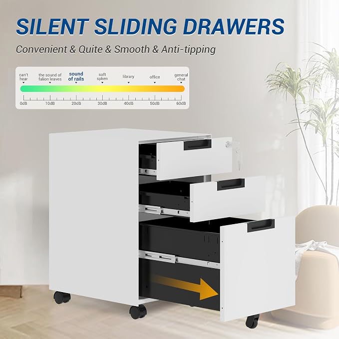 Fesbos 3 Drawer Vertical File Cabinets, Mobile Filling Cabinet with Lock for Legal/Letter Size, Pre-Built Office Storage File Cabinet with Wheels Under Desk - Fully Assembled