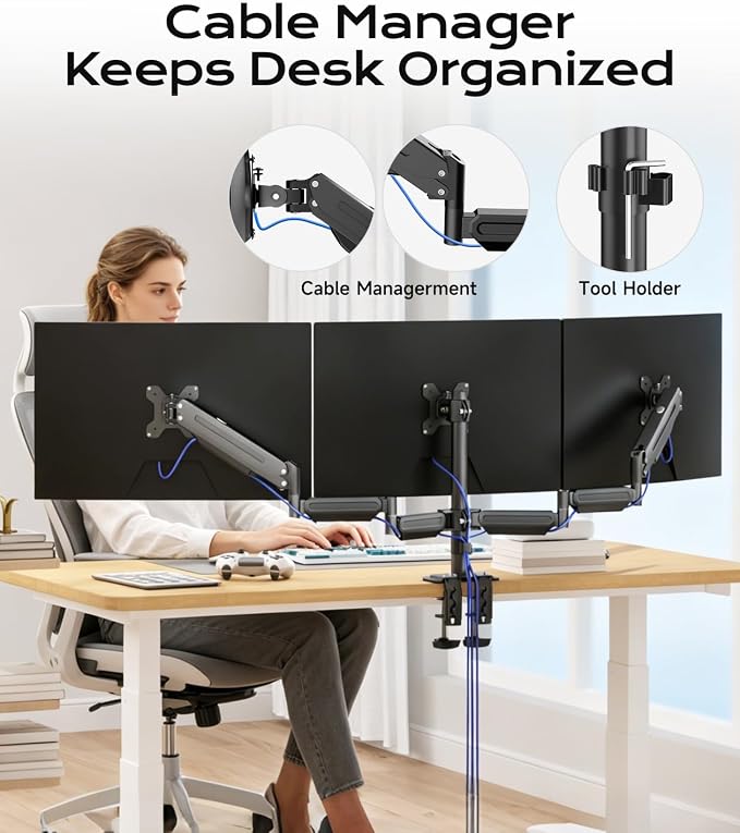 Pholiten Triple Monitor Mount for Desk, 2 Gas Spring Monitor Arms for 17-32 inches Screen, Fully Adjustable Heavy Duty Monitor Mount with Clamp & Grommet Mounting, Each Arm Holds 22 lbs