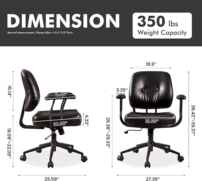 Leather Home Office Chair, Mid Back Ergonomic Desk Chair with Lumbar Support, Mid Century Modern Deep Seat Swivel Rocking Computer Chair, Black