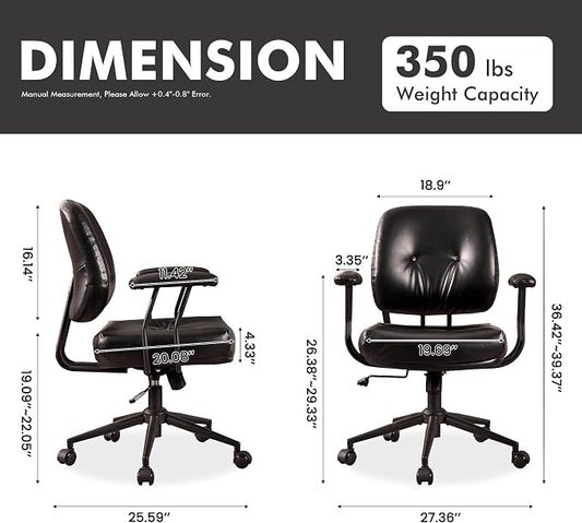 Leather Home Office Chair, Mid Back Ergonomic Desk Chair with Lumbar Support, Mid Century Modern Deep Seat Swivel Rocking Computer Chair, Black
