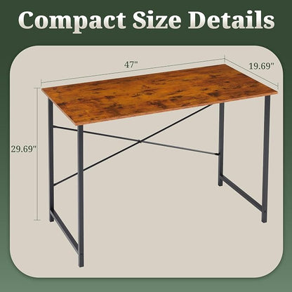 Computer Desk 48 Inch, Home Office Desk Simple Study Writing Table, Sturdy Metal Frame, Scratch-Resistant MDF Desktop for Bedroom Dorm Workspace, Brown