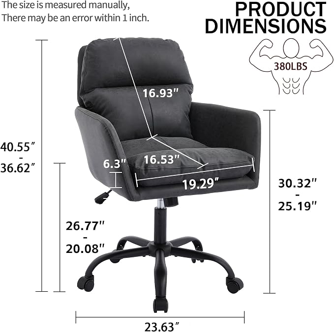 YITAI Adjustable Home Office Desk Chair with Comfy Square Mid-Back, Faux Leather 360 Swivel Upholstered Task Armchair with Wheels for Vanity Bedroom/Living Room,Study Black