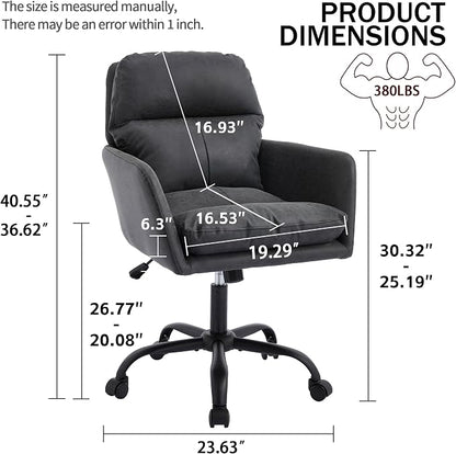 YITAI Adjustable Home Office Desk Chair with Comfy Square Mid-Back, Faux Leather 360 Swivel Upholstered Task Armchair with Wheels for Vanity Bedroom/Living Room,Study Black