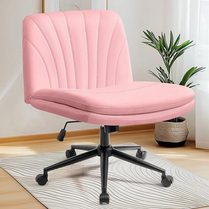 NEO CHAIR Criss Cross Chair with Wheels Armless Vanity Desk Office Wide Comfy Chair Cross Legged Adjustable Swivel Rolling Computer for Home Office PU Leather (Pink-Leather)