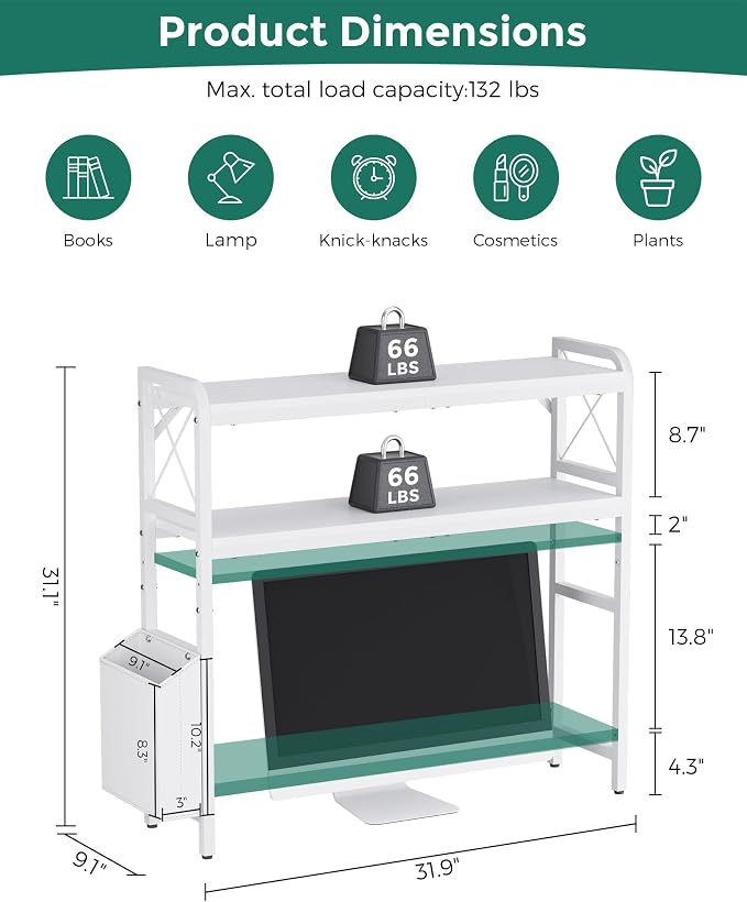 Desktop Shelves, Monitor Stand with Adjustable Shelves and Side Pockets, 2-Tier Desktop Bookshelf Organizer, Large Capacity Display Shelf Rack, Desk Hutch for Home Office, Study Room, White