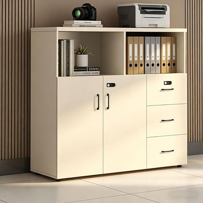 File Cabinet with Password Lock, Wood Lateral Filing Cabinet for Letter/A4 Files, 3 Drawer with Door, Printer Stand with Open Shelves for Home Office