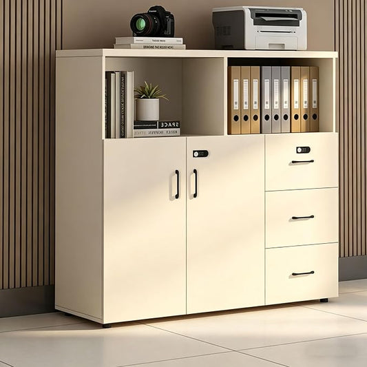 File Cabinet with Password Lock, Wood Lateral Filing Cabinet for Letter/A4 Files, 3 Drawer with Door, Printer Stand with Open Shelves for Home Office