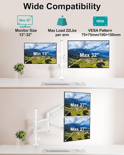 Dual Monitor Stand for 2 Screens up to 32 inch, Vertical Stacked Dual Monitor Mount, Full Motion Adjustable Tall Double Monitor Desk Mount, Each Arm Holds 4.4-22lbs, VESA 75/100mm, White, Freelift