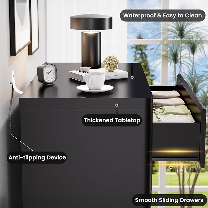 Black Nightstand Set 2, Bedside Table with 3 Drawers Storage, Curved Profile Fluted Night Stand for Bedroom, Wooden Side Tables Living Room, 24.8” Wide End Table for Sofa Couch, Handleless Design