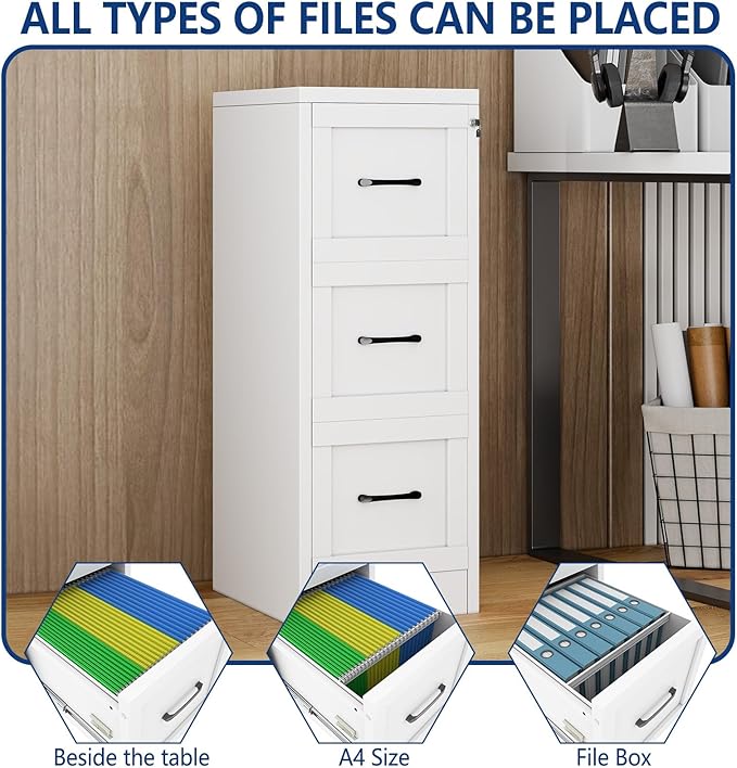 Ckzbx 3 Drawer File Cabinet with Lock, Narrow Vertical Filing Cabinet, Under Desk File Cabinets,White Metal File Cabinets for Home Office,Fit Letter/A4/Legal Size File