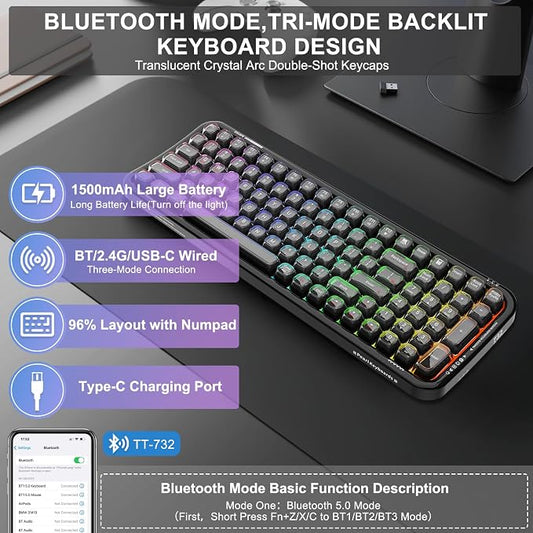 FOPETT Wireless Computer Keyboard with RGB Backlit, Tri-Mode Bluetooth 5.0/USB-C/2.4GHz Gaming Keyboard, Full Size Layout, Ergonomic Curved Design for Windows Mac PC Gamers & Office-Black