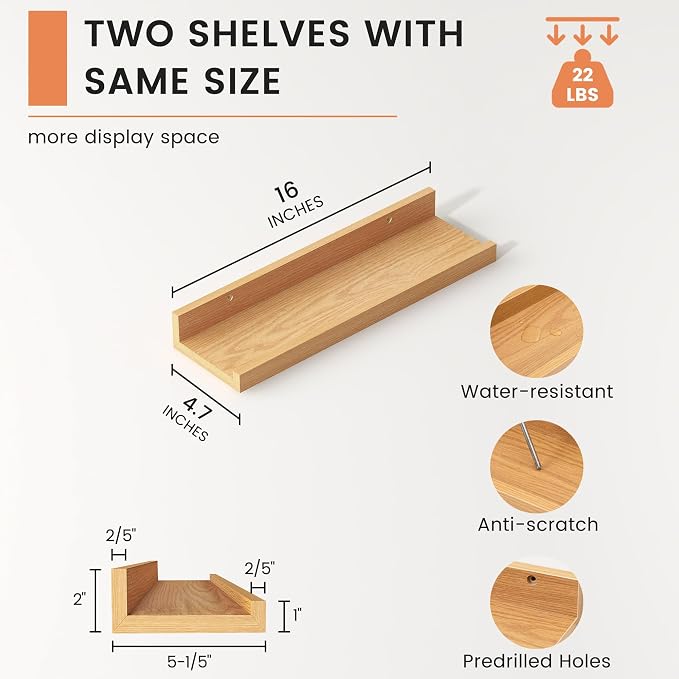 FLYJOE Picture Ledge Shelf, Floating Shelves Set of 2, 16 Inches Nursery Book Shelves for Toys Storage, Kids Bookshelf Wall Mounted for Living Room Bedroom Decor Books Photo Frames, Natural Oak